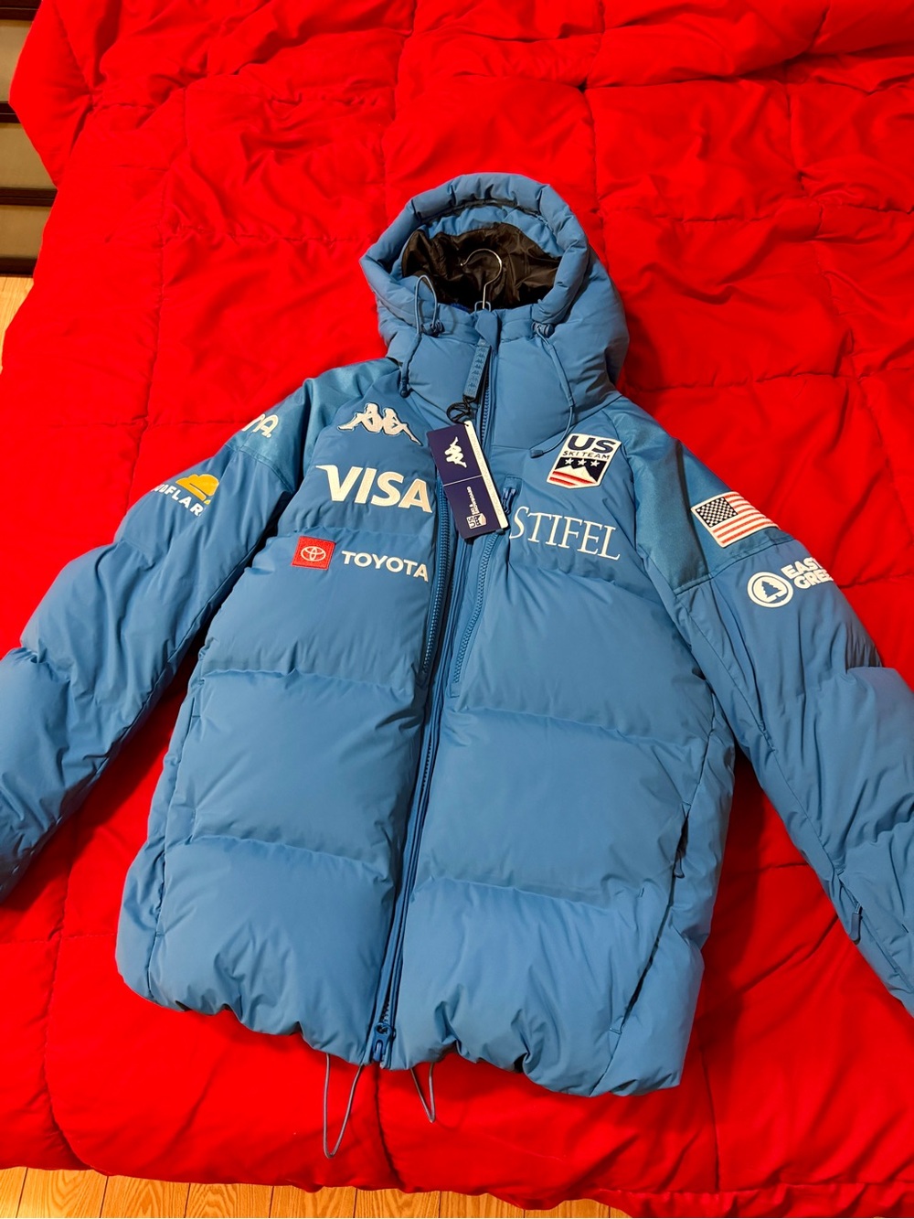 Kappa Light Blue Puffer Jacket with Sponsor Logos